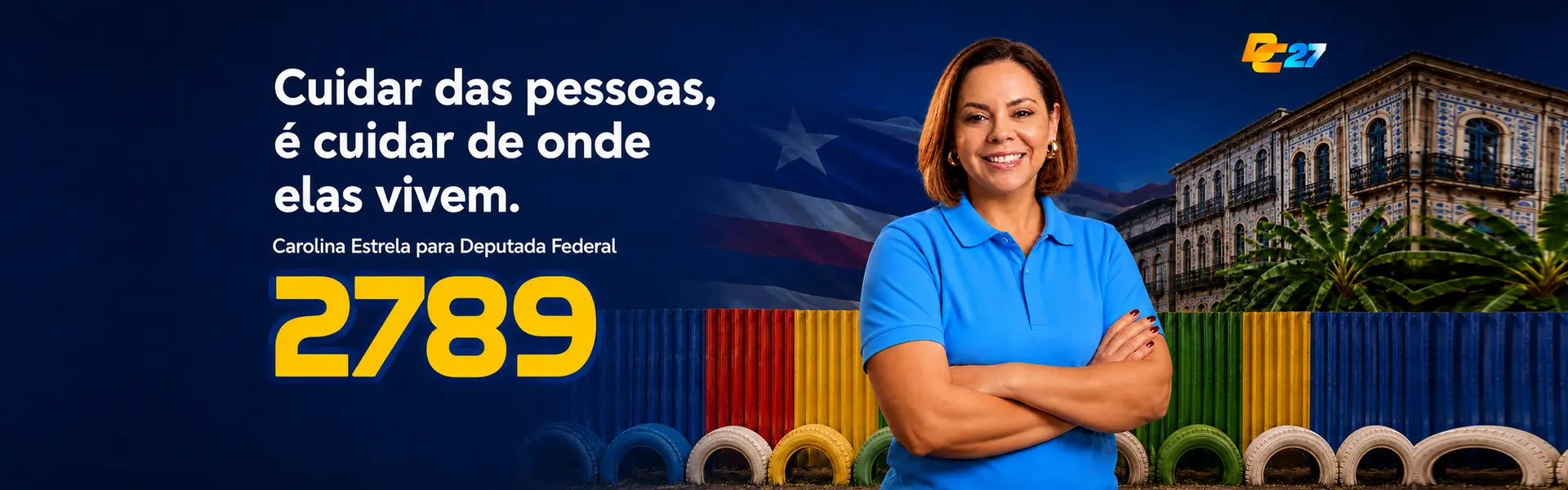 Carolina Estrela diante do paredão colorido dos ecopontos e de referências ao Maranhão